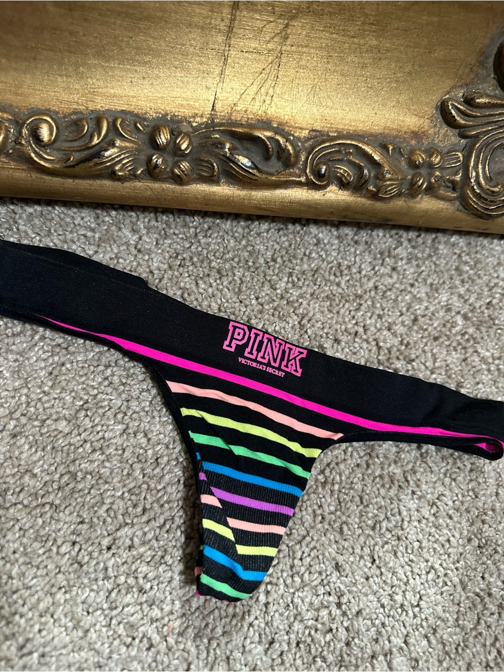 New Pink Victoria's Secret Extra Low Rise Thong Black Multi Stripe Size XS 2010